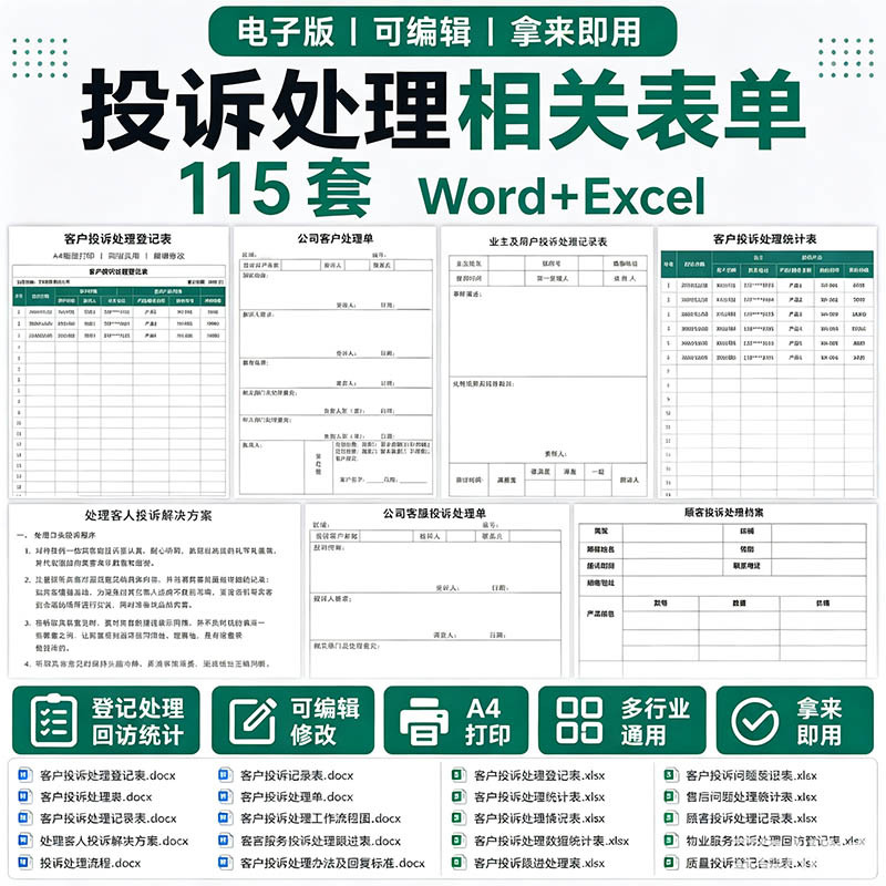 【115 套】客户投诉处理表单 Word+Excel 模板 售后投诉登记回访统计表格