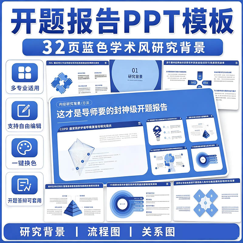 【32 页】蓝色学术开题报告 PPT 模板 毕业论文课题研究背景流程图答辩课件
