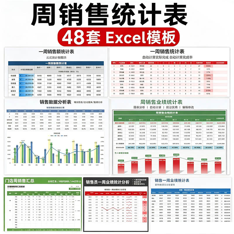【48套】周销售统计表 Excel 模板，自动计算+图表分析，销售业绩一键汇总！
